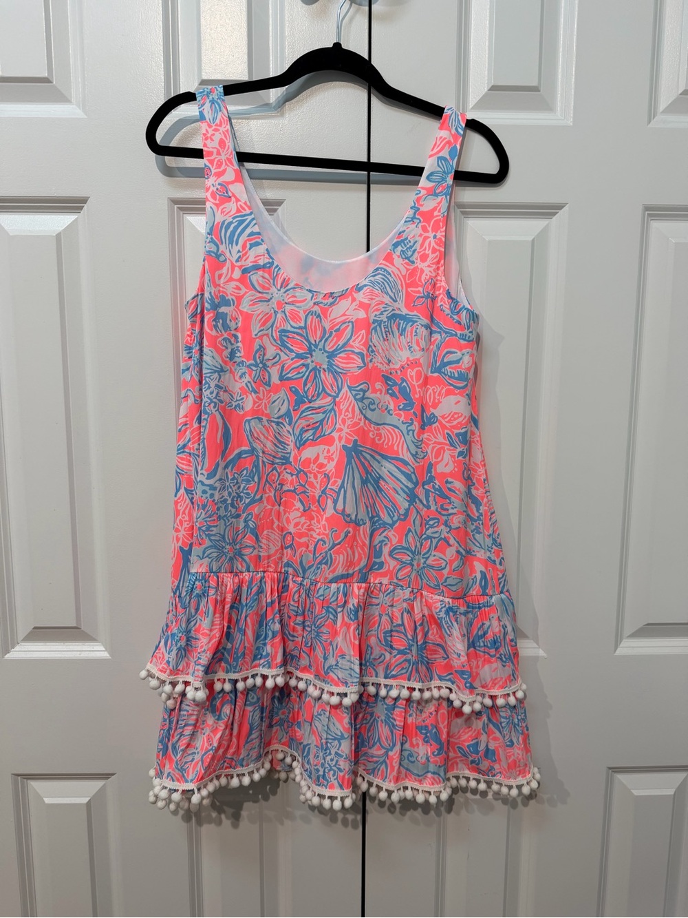Lilly Pulitzer Coral & Blue Floral Pom-Pom Tiered Tank Dress
